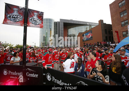 New Jersey Devils fans arrive for game 1 of the Stanley Cup Finals between the Devils and the Los Angeles Kings at the Prudential Center in Newark, New Jersey on May 30, 2012.   UPI/John Angelillo Stock Photo