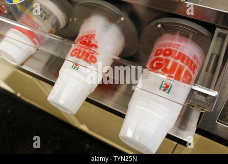 Big Gulp giant soda cups are arranged in size order in a store on the day  when New York City announces plans to ban the sale of large sodas and other  sugary