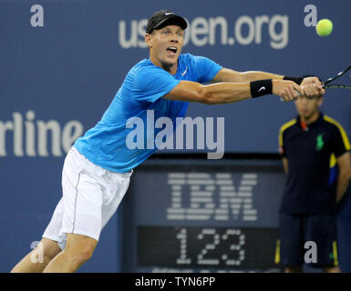 Tomas Berdych, Czech Republic, returns the ball to Roger Federer, Switzerland, in the first set of their quarterfinal match during the 2012 U.S. Open held at the National Tennis Center on September 5, 2012.     UPI Photo/Monika Graff Stock Photo