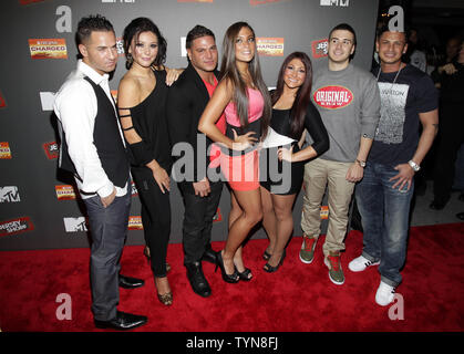 ÒJersey ShoreÓ cast members, Mike ÒThe SituationÓ Sorrentino, Jenni ÒJWOWWÓ Farley, Ronnie Ortiz-Magro, Sammi 'Sweetheart' Giancola,  Deena Cortese, Vinny Guadagnino and Paul ÒPauly DÓ DelVecchio arrive on the red carpet for the 'Jersey Shore' Final Season Premiere at Bagatelle in New York City on October 4, 2012.       UPI/John Angelillo Stock Photo