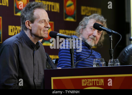 Led Zeppelin band members John Paul Jones and Robert Plant speak  at a press conference after an advanced screening of their concert film 'Celebration Day' at MOMA in New York City on October 9, 2012.       UPI/John Angelillo Stock Photo