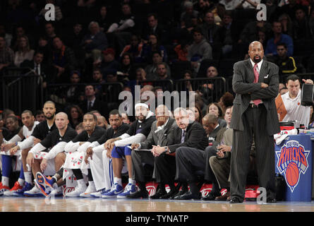 New York Knicks head coach Mike Woodson stands near the bench after pulling the starters from the game in the fourth quarter against the Indiana Pacers at Madison Square Garden in New York City on November 18, 2012. The Knicks defeated the Pacers 88-76.      UPI/John Angelillo Stock Photo