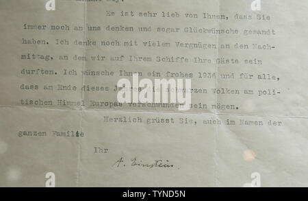 A letter signed by the Albert Einstein is on display at a press preview for the 59th annual Winter Antiques Show at the Park Avenue Armory in New York in New York City on January 24, 2013. The show is open to the public January 25-February 3, 2013 and features 73 exhibitors, including eight new to the show, and thousands of works of fine art, furniture, and decorative objects.    UPI/John Angelillo Stock Photo