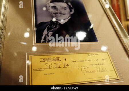 A check signed by Hollywood icon Clark Gable is on display at a press preview for the 59th annual Winter Antiques Show at the Park Avenue Armory in New York in New York City on January 24, 2013. The show is open to the public January 25-February 3, 2013 and features 73 exhibitors, including eight new to the show, and thousands of works of fine art, furniture, and decorative objects.    UPI/John Angelillo Stock Photo