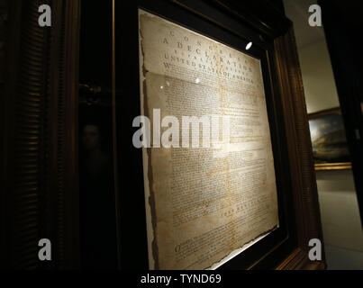 An original copy of the Declaration of Independence is on display at a press preview for the 59th annual Winter Antiques Show at the Park Avenue Armory in New York in New York City on January 24, 2013. The show is open to the public January 25-February 3, 2013 and features 73 exhibitors, including eight new to the show, and thousands of works of fine art, furniture, and decorative objects.    UPI/John Angelillo Stock Photo