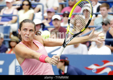 Roberta Vinci of Italy hits a backhand in her 4th round match against Camila Giorgi of Italy on day eight at the U.S. Open Tennis Championships at the USTA Billie Jean King National Tennis Center in New York City on September 2, 2013. Vinci defeated Giorgi 6-4, 6-2.   UPI/John Angelillo Stock Photo