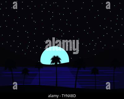 Night landscape with palm trees and the sea, moonlight on the water and the starry sky. Tropical paradise. Vector illustration Stock Vector