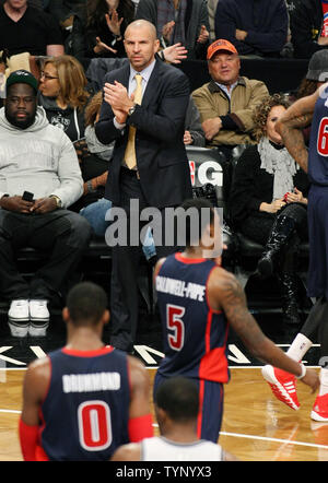 Brooklyn Nets' head coach Jason Kidd applauds as he watches his team take on the Detroit Pistons in the first half at Barclays Center in New York City on November 24, 2013.     UPI /Monika Graff Stock Photo