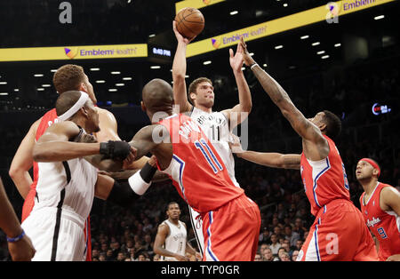 Brooklyn Nets Brook Lopez shoots the basketball in the first half against the Los Angeles Clippers at Barclays Center in New York City on December 12, 2013. The Nets defeated the Clippers 102-93.    UPI/John Angelillo Stock Photo
