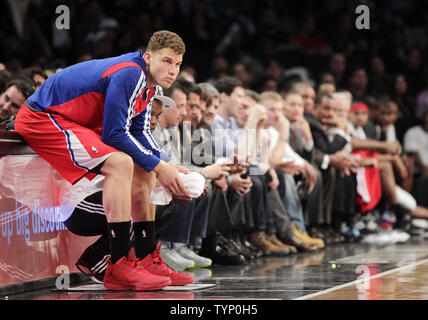 Los Angeles Clippers Blake Griffin waits to come in the game against the Brooklyn Nets at Barclays Center in New York City on December 12, 2013. The Nets defeated the Clippers 102-93.    UPI/John Angelillo Stock Photo