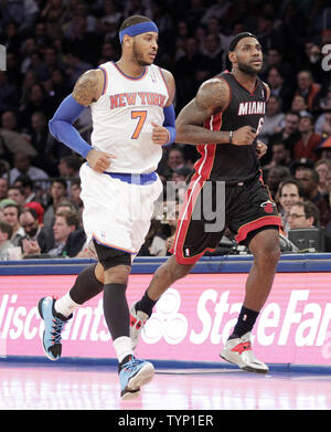 New York Knicks Carmelo Anthony and Miami Heat LeBron James run up the  court in the first half Madison Square Garden in New York City on January  9, 2014. UPI/John Angelillo Stock
