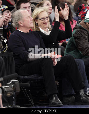 Meryl Streep and Don Gummer watch the New York Knicks play the Los Angeles Lakers at Madison Square Garden in New York City on January 26, 2014. The Knicks defeated the Lakers 110-103.    UPI/John Angelillo Stock Photo