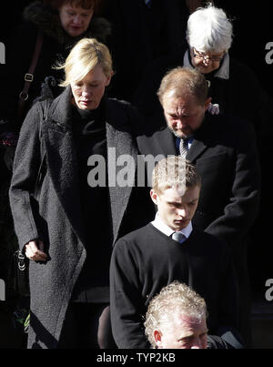 Cate Blanchett and Andrew Upton exit the funeral of Philip Seymour Hoffman at St. Ignatius Church on Manhattan's Upper East Side in New York City on February 7, 2014. Hoffman, 46, was found dead Sunday of an apparent heroin overdose in his apartment. He leaves behind his partner of 15 years, Mimi O'Donnell, and their three children.     UPI/John Angelillo Stock Photo