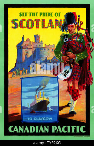 Restored vintage travel poster. See the pride of Scotland. To Glasgow. Canadian Pacific by W.G. Finch. Published 1929. Stock Photo