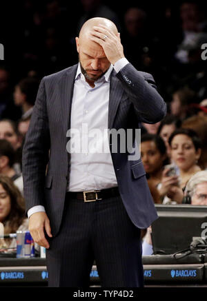 Brooklyn Nets head coach Jason Kidd puts his hand on his head in the second half against the Cleveland Cavaliers at Barclays Center in New York City on March 28, 2014.The Nets defeated the Cavaliers 108-97.     UPI/John Angelillo Stock Photo