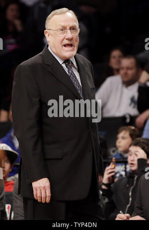 Minnesota Timberwolves head coach Rick Adelman stands on the court in the first half  against the Brooklyn Nets at Barclays Center in New York City on March 30, 2014. The Nets defeated the Timberwolves 114-99.     UPI/John Angelillo Stock Photo