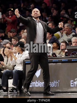 Brooklyn Nets head coach Jason Kidd stands on the court in the first half against the Minnesota Timberwolves at Barclays Center in New York City on March 30, 2014. The Nets defeated the Timberwolves 114-99.     UPI/John Angelillo Stock Photo