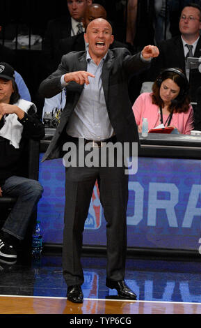 Brooklyn Nets head coach Jason Kidd reacts in the fourth quarter against the Miami Heat in Game 3 of the Eastern Conference Semifinals at Barclays Center in New York City on May 10, 2014. The Nets defeated the Heat 104-90 for a 2-1 Miami Heat series lead. UPI/Rich Kane Stock Photo