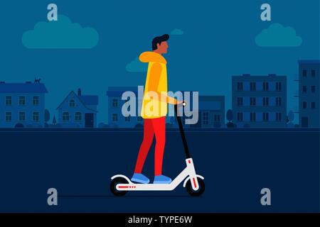 Young male character riding modern urban transportation electric kick scooter. Active hipster adult millennial lifestyle ecology technologies. Flat vector illustration on cityscape street background Stock Vector