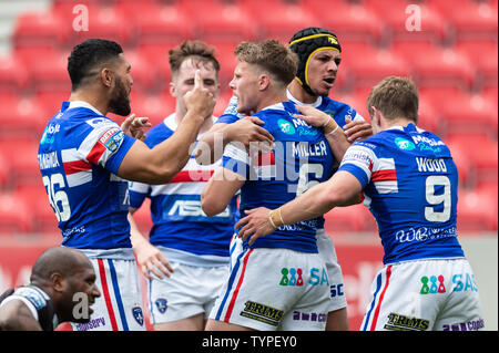 16th June 2019 ,  AJ Bell Stadium, Salford, England;  Betfred Super League, Round 18, Salford Red Devils vs Wakefield Trintiny ; Jacob Miller of Wakefield Trinity celebrates scoring his try Credit: Richard Long/News Images Stock Photo