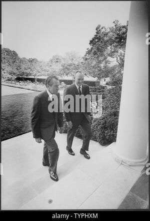 White House exterior; Scope and content:  Pictured: President Nixon, John Eisenhower. Subject: Mamie Eisenhower - John Eisenhower. Stock Photo