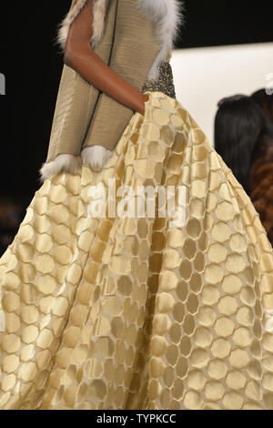 A model walks on the runway at the Dennis Basso fashion show during Mercedes-Benz Fashion Week Fall 2015 at Lincoln Center in New York City on February 16, 2015. February's New York Fashion Week will be the last one held at Lincoln Center.       Photo by Andrea Hanks/UPI Stock Photo