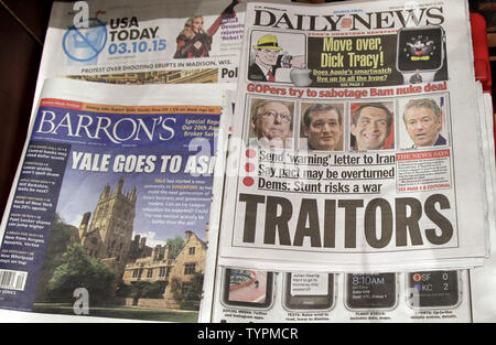 A Copy Of The New York Daily News Is On Sale On 6th Avenue In New York City On March 10 15 Tuesday S Front Page Accuses Mitch Mcconnell R Ky Ted Cruz R Texas Tom Cotton R Ark Rand Paul R Ky And