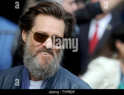 Jim Carey arrives at the backstage entrance before the final taping of the 'Late Show,' with David Letterman at The Ed Sullivan Theater in New York City on May 20, 2015. Letterman taped his farewell episode of 'The Late Show' on Wednesday afternoon, then walked backstage as the Foo Fighters closed out the show with a performance of 'Everlong.'       Photo by Dennis Van Tine/UPI Stock Photo