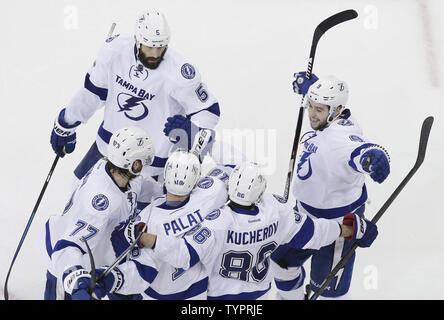 Tampa Bay Lightning Ondrej Palat celebrates with teammates after scoring a goal in the third period against the New York Rangers in game 7 in the Eastern Conference Finals of the Stanley Cup Playoffs at Madison Square Garden in New York City on May 29, 2015. The Lightning defeated the Rangers 2-0, win the series in 7 games and advance to the Stanley Cup Finals.       Photo by John Angelillo/UPI Stock Photo