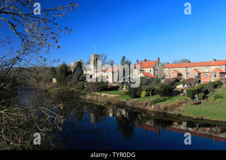 St Nicholas Church and the Marmion Tower, River Ure, West Tanfield village, North Yorkshire, England Stock Photo