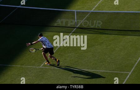 Devonshire Park, Eastbourne, UK. 26th June, 2019. Nature Valley International Tennis Tournament; Kyle Edmund (GBR) plays a backhand shot in his match against Cameron Norrie (GBR) Credit: Action Plus Sports/Alamy Live News Stock Photo