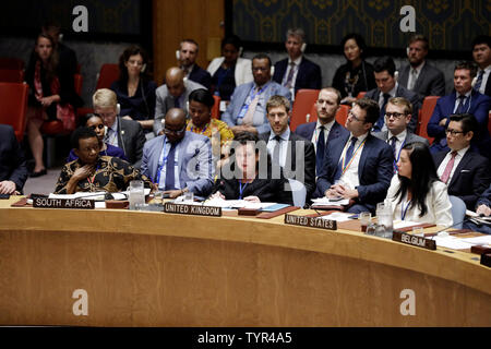 UN, New York, USA. 26th Jun 2019.  Karen Pierce (C, front), UK permanent representative to the United Nations, addresses the Security Council's semi-annual briefing on the implementation of Resolution 2231, which endorsed the Joint Comprehensive Plan of Action (JCPOA) on Iran's nuclear program, at the UN headquarters in New York, June 26, 2019. Credit: Xinhua/Alamy Live News Stock Photo