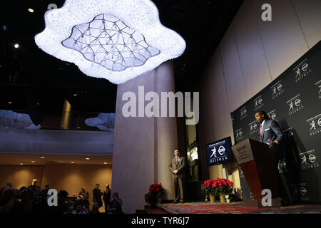 Alabama running back Derrick Henry speaks at a press conference after winning the 2015 Heisman Trophy Award at the Marriott Marquis in New York City on December 12, 2015. Stanford running back Christian McCaffrey and Clemson quarterback Deshaun Watson are the other finalists.    Photo by John Angelillo/UPI Stock Photo