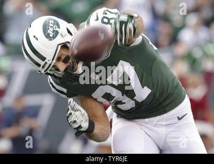 New York Jets Eric Decker leaps into the seats and celebrates with