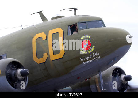Close up of the nose of preserved C-47 Skytrain Betsy's Biscuit Bomber, a US based C-47 in the UK for the 75th anniversary of D-Day. Stock Photo