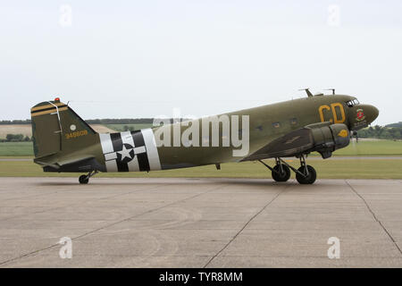 Preserved C-47 Betsy's Biscuit Bomber taxiing out at Duxford for a para drop during the 75th Anniversary of the D-Day landings at Normandy. Stock Photo