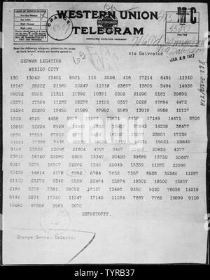 Zimmermann Telegram as Received by the German Ambassador to Mexico; Scope and content:  This telegram was sent by German Foreign Minister Arthur Zimmermann to the President of Mexico proposing a military alliance against the United States. In return for Mexican support in the war, Germany would help Mexico regain New Mexico, Texas, and Arizona from the United States. The British intercepted the secret message, deciphered it, and turned it over to the U.S. Government. Stock Photo