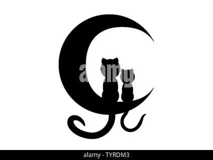 Cartoon illustration of a two cats sitting on a moon. It's a black silhouette. Stock Vector