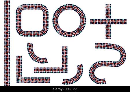 Patterns of tiles like railway in vector. Straight, bends, junction and circle. These are paved paths. Stock Vector
