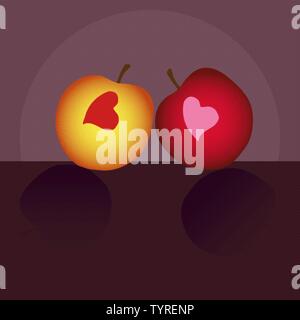Two apples with pink hearts. It is vector illustration. It is valentine picture. Stock Vector