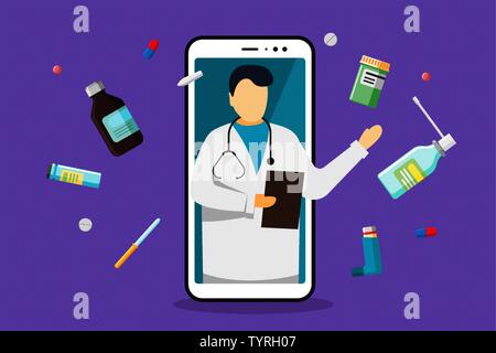 Online medical internet consultation app. White man doctor with stethoscope and medicine pharmaceutical pills drugs on mobile smartphone screen. Healthcare consulting service. Vector flat illustration Stock Vector