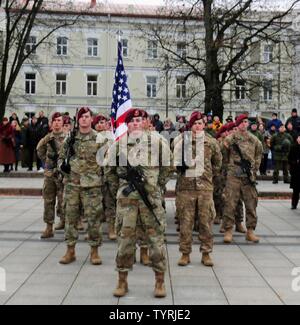 VILNIUS, Lithuania –Paratroopers from Able Company, 2nd Battalion, 503rd Infantry Regiment, 173rd Infantry Brigade Combat (Airborne), take part in the Lithuanian Armed Forces Day Parade Nov. 23. The parade celebrated the 98th birthday of the Lithuanian Armed Forces. Lithuania gained its independence on Feb. 16, 1918. On Nov. 23, 1918, less than two weeks after the end of World War I, newly-elected Lithuanian Prime Minister, Augustinas Voldemaras, signed Order No. 1, which formed the armed forces of the newly-independent nation. Stock Photo