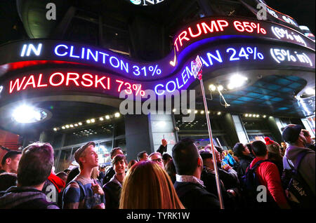 Crowds gather below a news scroll as they watch the election returns being broadcasted on giant video screens in Times Square on Election Day on November 8, 2016 in New York City. Democratic nominee Hillary Clinton and Republican candidate Donald J. Trump are battling to become the 45th US president following contentious campaigns.     Photo by Monika Graff/UPI Stock Photo