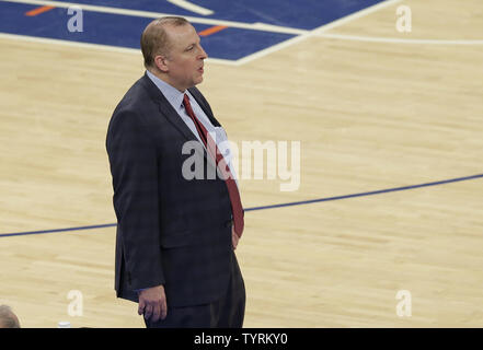 Minnesota Timberwolves head coach Tom Thibodeau stands near the bench in the second half against the New York Knicks at Madison Square Garden in New York City on December 2, 2016.    Photo by John Angelillo/UPI Stock Photo