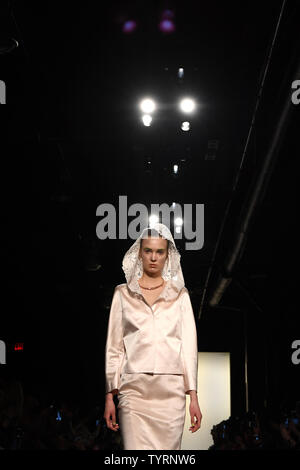 A model walks on the runway at the Lanyu fashion show at New York Fashion Week: The Shows at Gallery 1 Skylight Clarkson Sq on February 10, 2017 in New York City.    Photo by Andrea Hanks/UPI Stock Photo