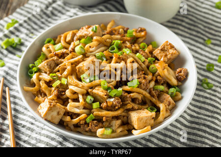 Homemade Japanese Mapo Tofu Udon Noodles Bowl Stock Photo