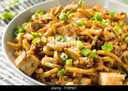 Homemade Japanese Mapo Tofu Udon Noodles Bowl Stock Photo