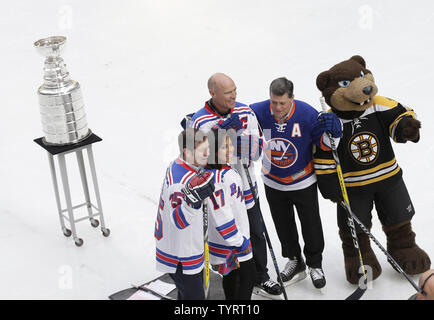 Retired New York Rangers Mark Messier and Mike Richter skate at The Rink At Rockefeller Center with the Stanley Cup and New York Islanders Pat LaFontaine on April 13, 2017 in New York City.      Photo by John Angelillo/UPI Stock Photo