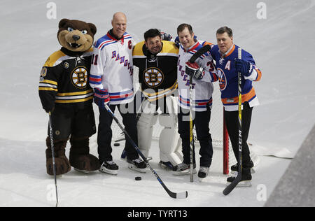 Retired New York Rangers Mark Messier and Mike Richter skate at The Rink At Rockefeller Center with the Stanley Cup, New York Islanders Pat LaFontaine and Boston Bruins Frank Brimsek on April 13, 2017 in New York City.      Photo by John Angelillo/UPI Stock Photo