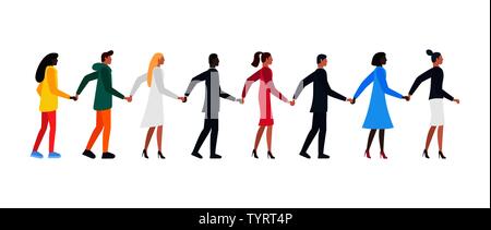Queue of different men and women holding hands. Flat white and color male and female friendship cartoon characters standing in row together. Vector union illustration Stock Vector